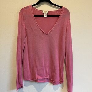 Pink Knit sweater Tabolts 100% Cotton Sz L Rolled Hem V-neck Feminine Valentine